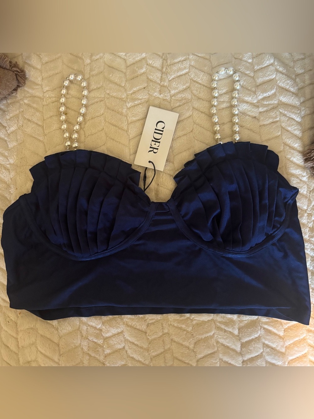 NWT Cider Clamshell Bustier Satin Bralette with Pearl Straps Size XL